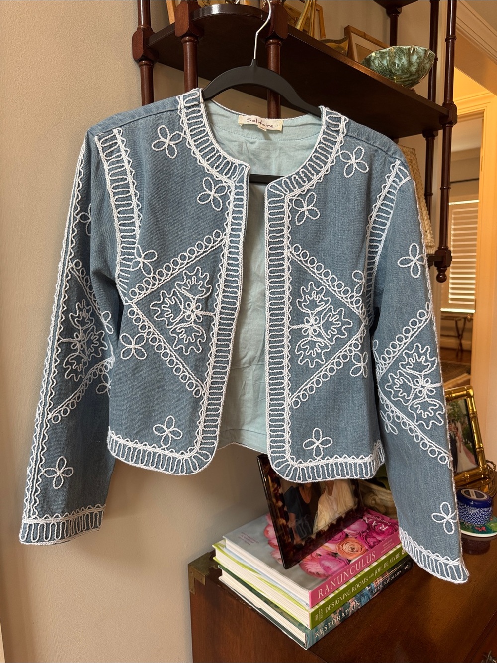 Embroidered Denim Blue Jacket with White Trim